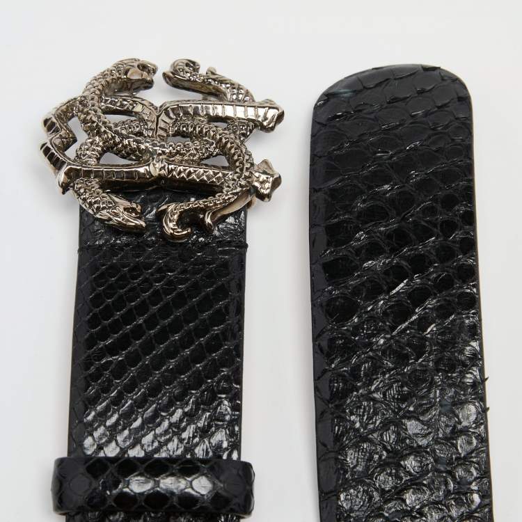 Pre Owned Roberto Cavalli Black Snakeskin Logo Buckle Belt 90CM