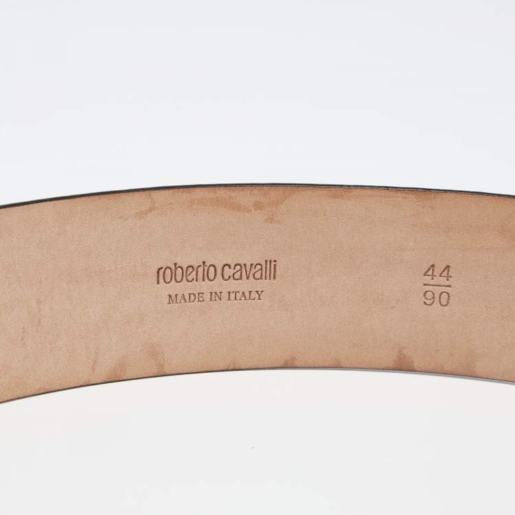 Pre Owned Roberto Cavalli Black Snakeskin Logo Buckle Belt 90CM