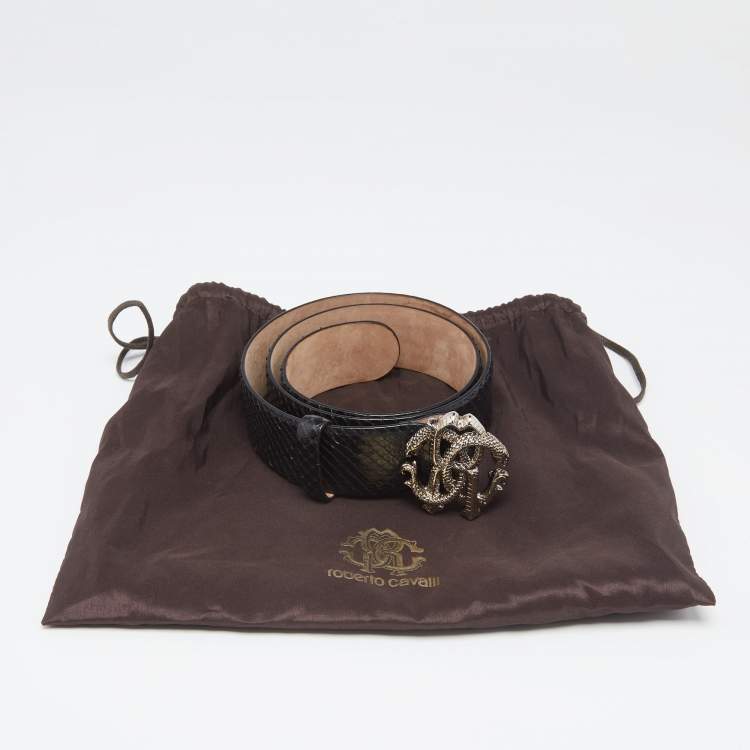 Pre Owned Roberto Cavalli Black Snakeskin Logo Buckle Belt 90CM