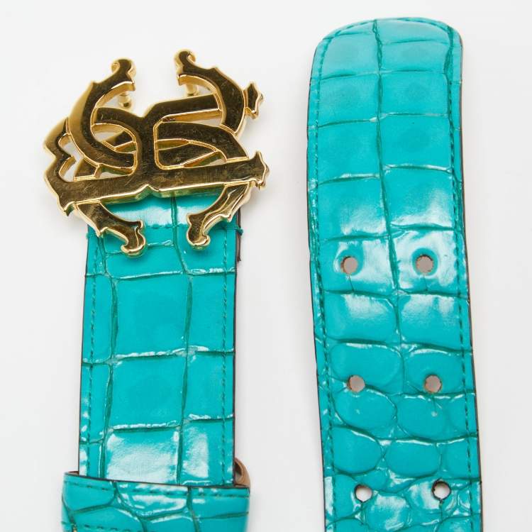 Pre Owned Roberto Cavalli Turquoise Croc Embossed Leather Logo Buckle Belt 85CM