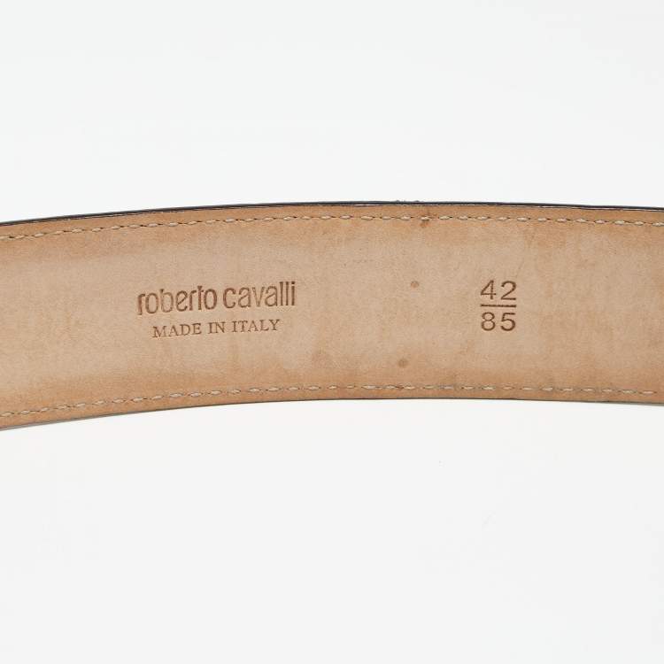 Pre Owned Roberto Cavalli Turquoise Croc Embossed Leather Logo Buckle Belt 85CM