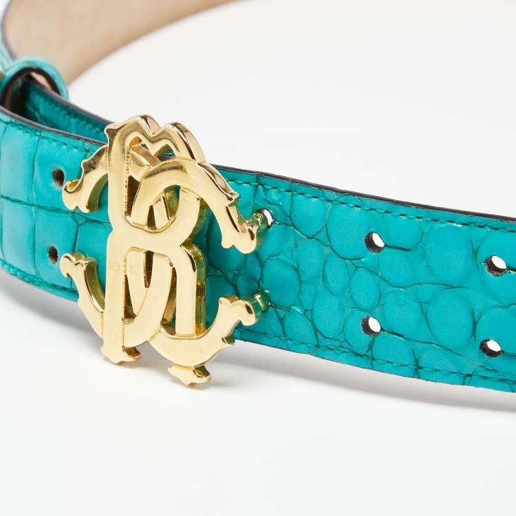 Pre Owned Roberto Cavalli Turquoise Croc Embossed Leather Logo Buckle Belt 85CM