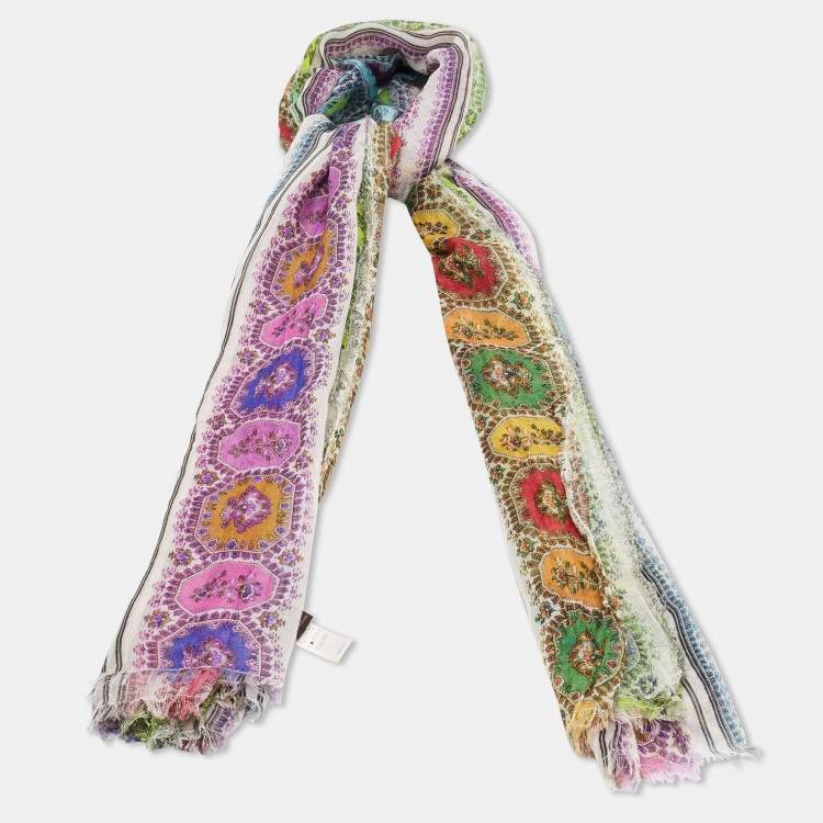 Pre Owned Roberto Cavalli Multicolor Printed Cashmere Fringed Scarf 