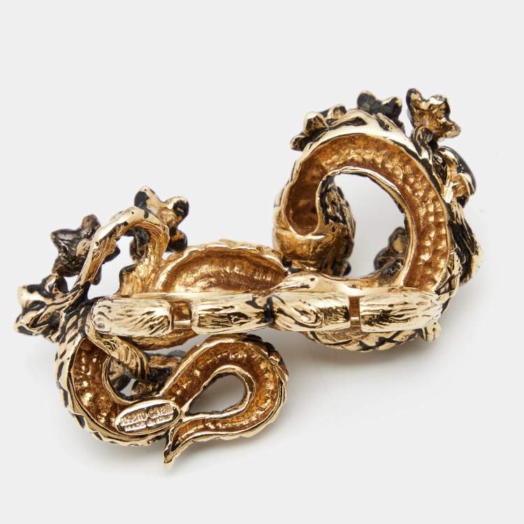 Pre Owned Roberto Cavalli Snake Knuckle Enamel Crystal Gold Tone Duster Ring Size 53