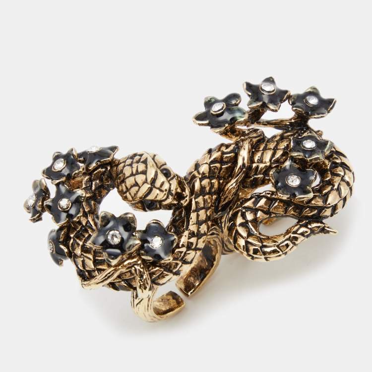 Pre Owned Roberto Cavalli Snake Knuckle Enamel Crystal Gold Tone Duster Ring Size 53