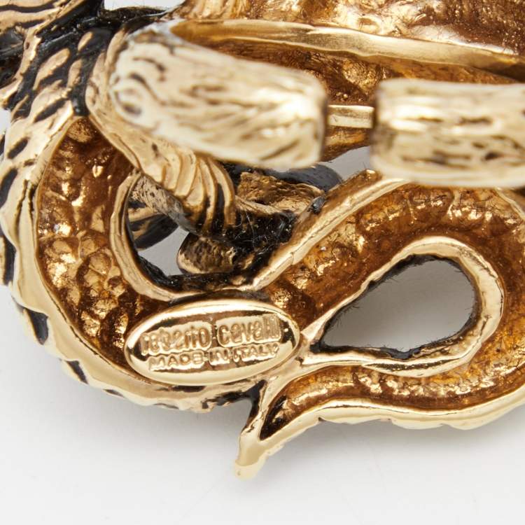Pre Owned Roberto Cavalli Snake Knuckle Enamel Crystal Gold Tone Duster Ring Size 53