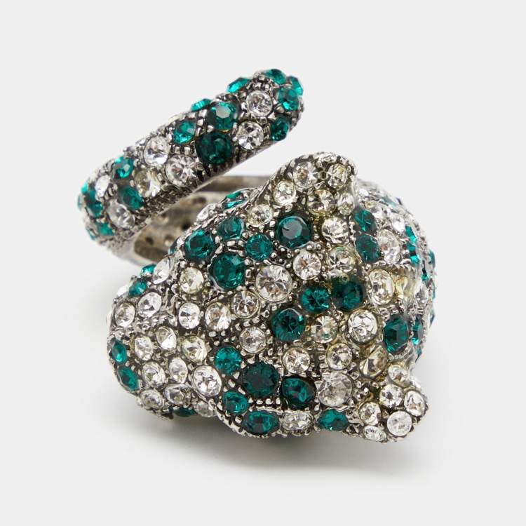 Pre Owned Roberto Cavalli Panther Head Crystal Silver Tone Adjustable Cocktail Ring EU 52