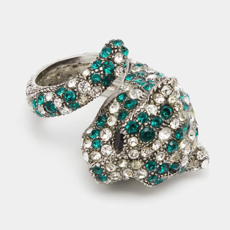 Pre Owned Roberto Cavalli Panther Head Crystal Silver Tone Adjustable Cocktail Ring EU 52