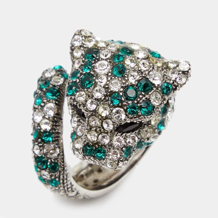 Pre Owned Roberto Cavalli Panther Head Crystal Silver Tone Adjustable Cocktail Ring EU 52