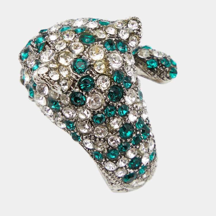 Pre Owned Roberto Cavalli Panther Head Crystal Silver Tone Adjustable Cocktail Ring EU 52