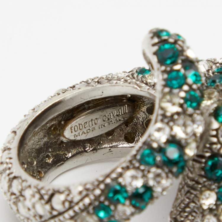 Pre Owned Roberto Cavalli Panther Head Crystal Silver Tone Adjustable Cocktail Ring EU 52