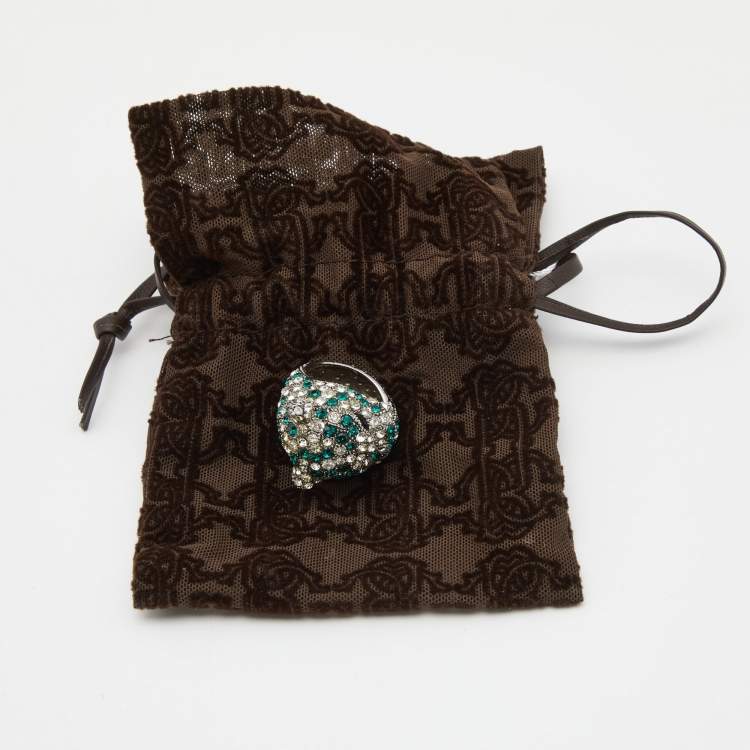 Pre Owned Roberto Cavalli Panther Head Crystal Silver Tone Adjustable Cocktail Ring EU 52