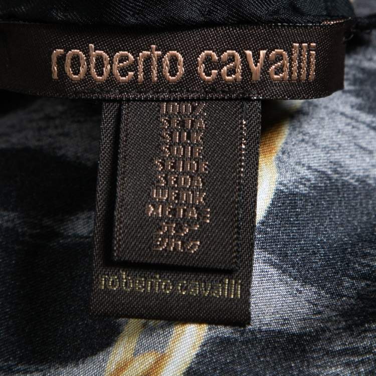 Pre Owned Roberto Cavalli Grey Animal & Chainlink Print Silk Scarf