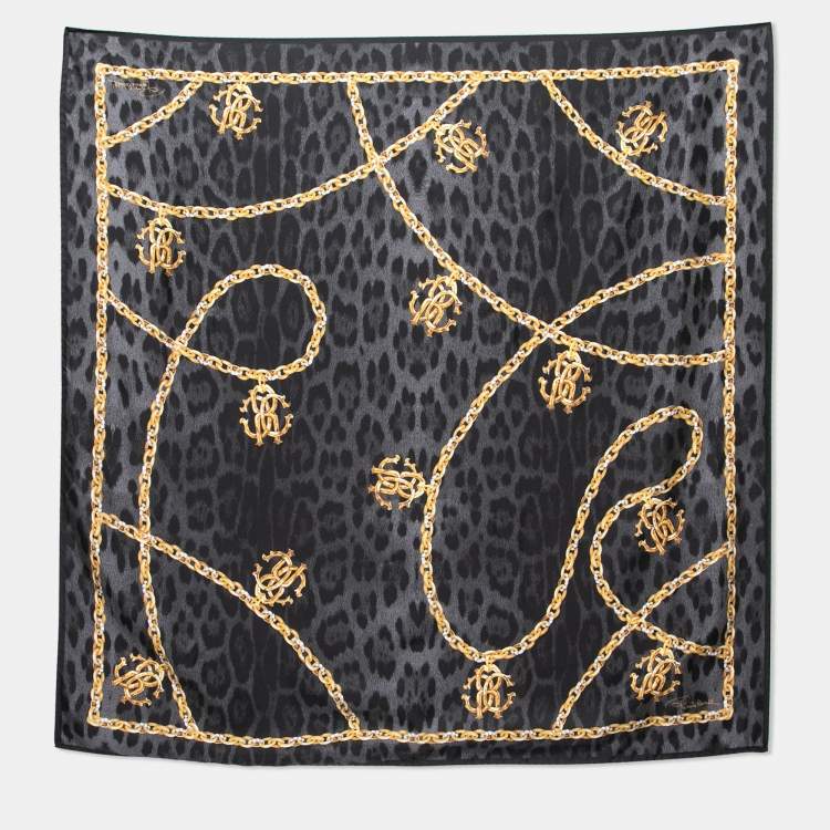 Pre Owned Roberto Cavalli Grey Animal & Chainlink Print Silk Scarf