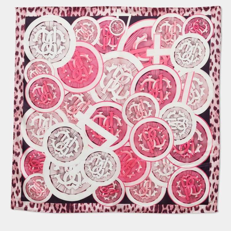 Pre Owned Roberto Cavalli Pink Logo Print Silk Scarf