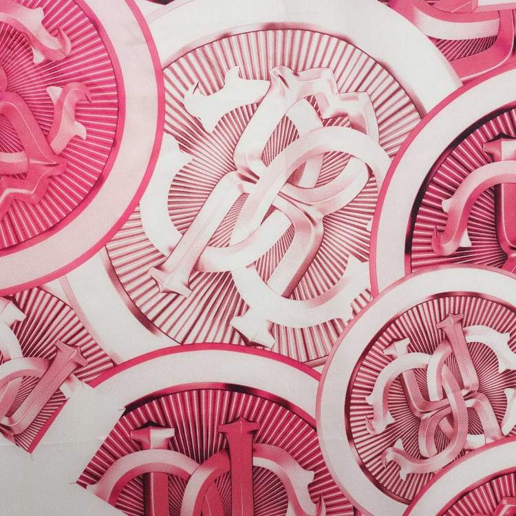 Pre Owned Roberto Cavalli Pink Logo Print Silk Scarf