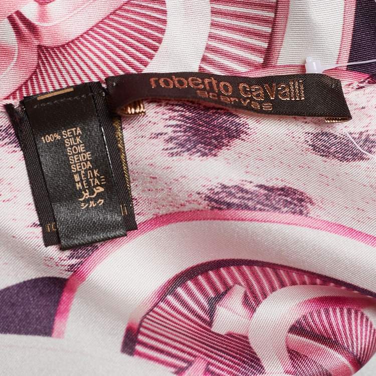 Pre Owned Roberto Cavalli Pink Logo Print Silk Scarf