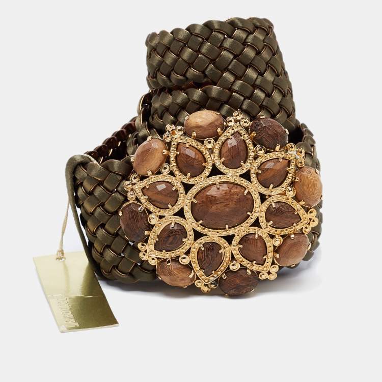 Pre Owned Roberto Cavalli Green/Gold Braided Leather Embellished Belt