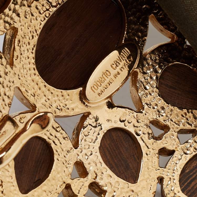 Pre Owned Roberto Cavalli Green/Gold Braided Leather Embellished Belt