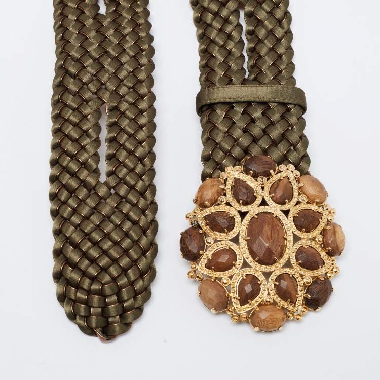 Pre Owned Roberto Cavalli Green/Gold Braided Leather Embellished Belt