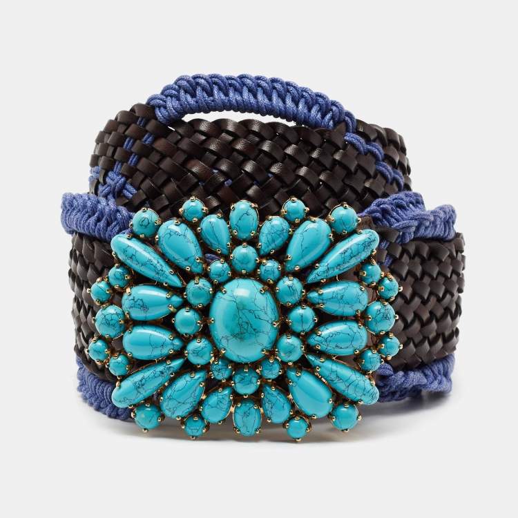 Pre Owned Roberto Cavalli Brown/Purple Braided Leather and Fabric Beaded Embellished Waist Belt 90 CM