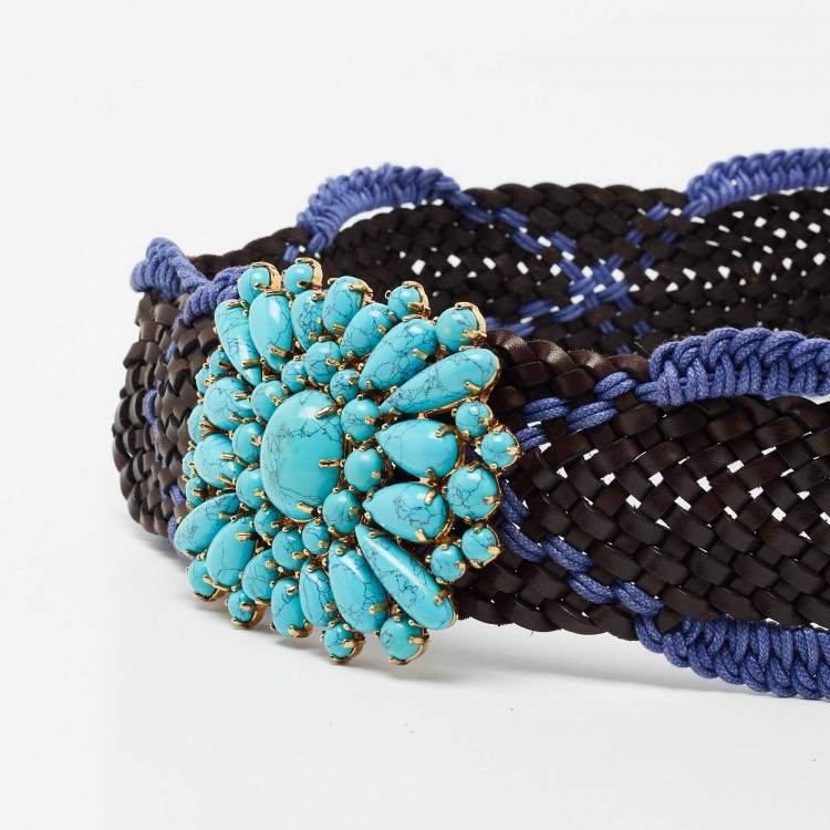 Pre Owned Roberto Cavalli Brown/Purple Braided Leather and Fabric Beaded Embellished Waist Belt 90 CM
