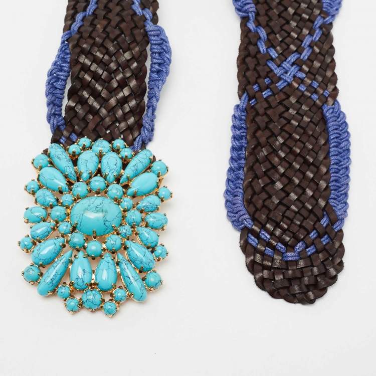 Pre Owned Roberto Cavalli Brown/Purple Braided Leather and Fabric Beaded Embellished Waist Belt 90 CM