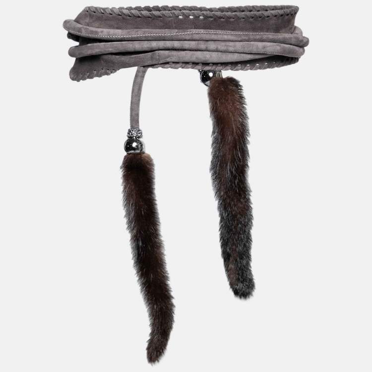 Pre Owned Roberto Cavalli Grey Suede and Mink Fur Wrap Around Waist Belt