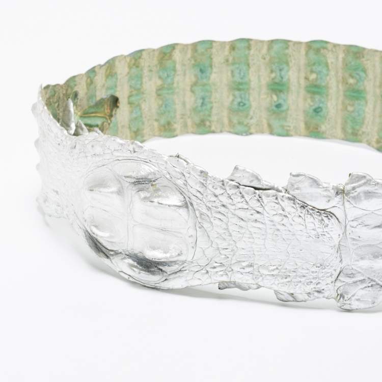 Pre Owned Roberto Cavalli Silver Crocodile Back Horn Waist Belt