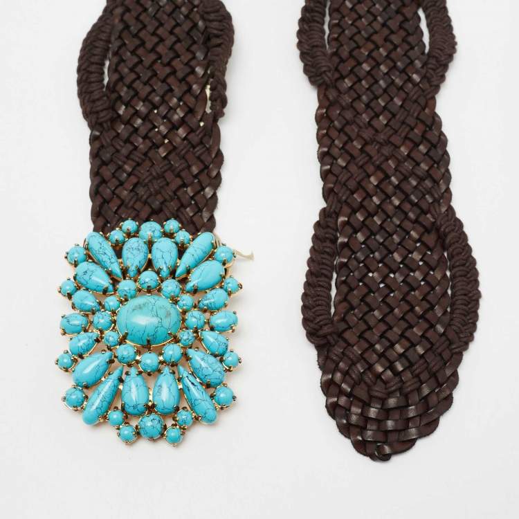 Pre Owned Roberto Cavalli Dark Brown Braided Leather Beaded Embellished Belt