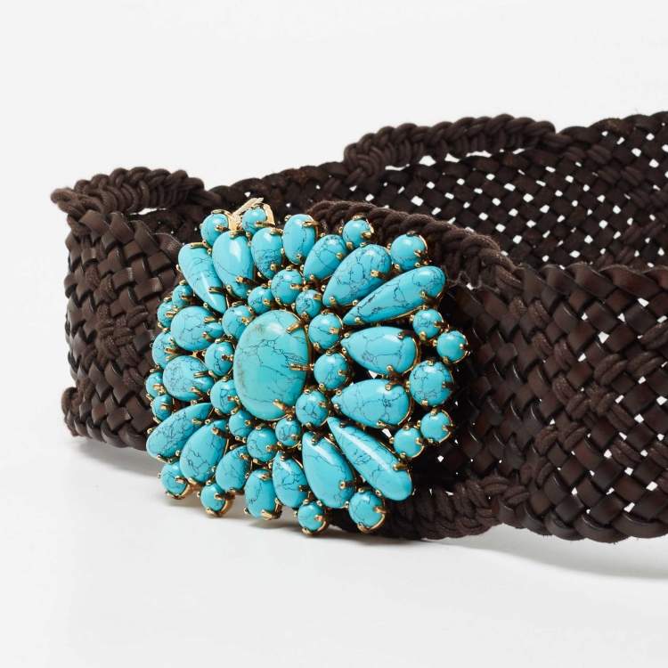 Pre Owned Roberto Cavalli Dark Brown Braided Leather Beaded Embellished Belt