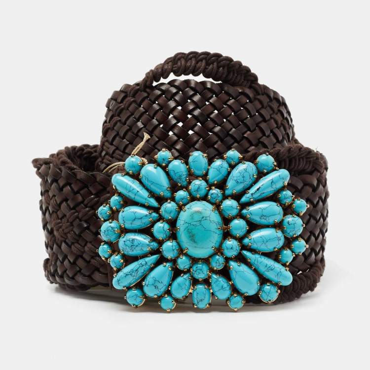 Pre Owned Roberto Cavalli Dark Brown Braided Leather Beaded Embellished Belt
