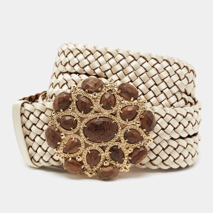 Pre Owned Roberto Cavalli Off White/Brown Braided Satin and Leather Embellished Waist Belt