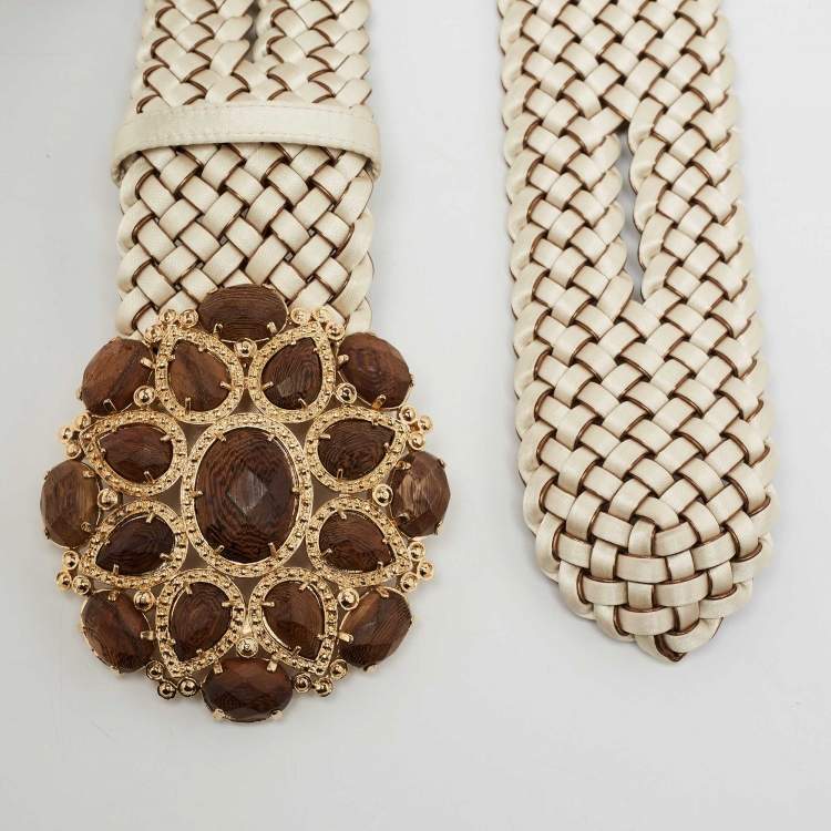 Pre Owned Roberto Cavalli Off White/Brown Braided Satin and Leather Embellished Waist Belt