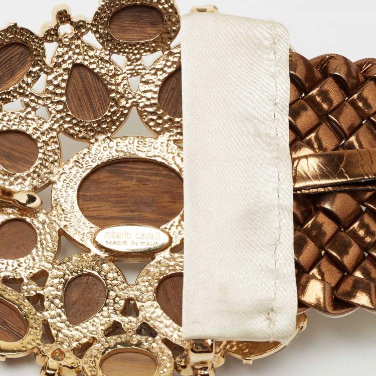 Pre Owned Roberto Cavalli Off White/Brown Braided Satin and Leather Embellished Waist Belt