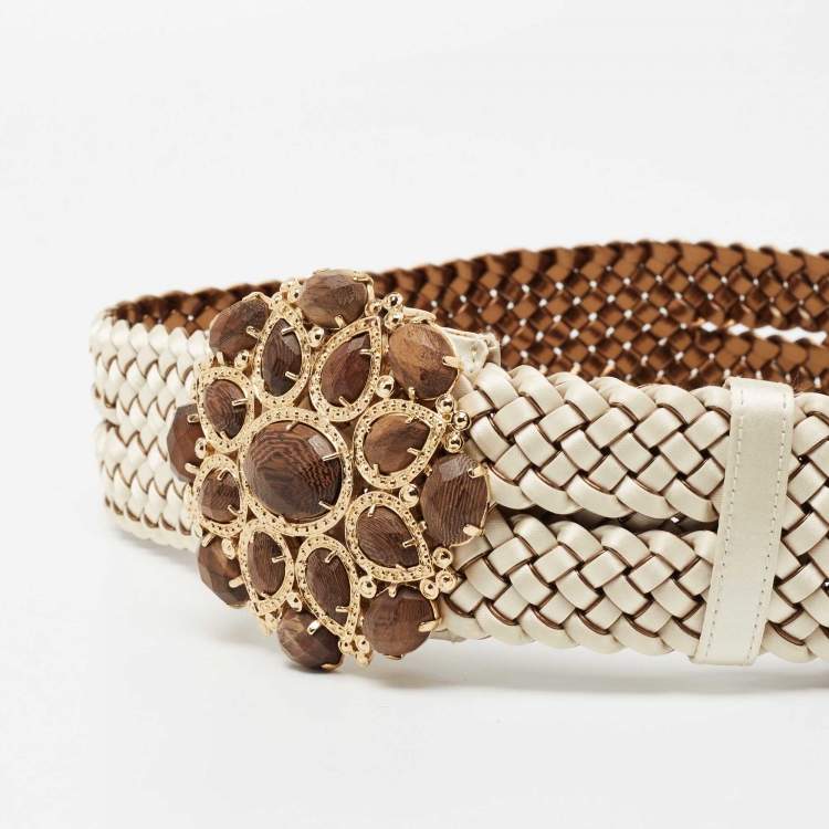 Pre Owned Roberto Cavalli Off White/Brown Braided Satin and Leather Embellished Waist Belt