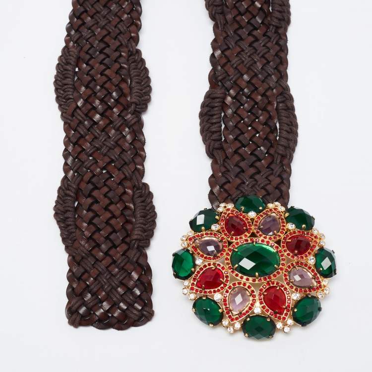 Pre Owned Roberto Cavalli Dark Brown Braided Leather Crystal Embellished Waist Belt