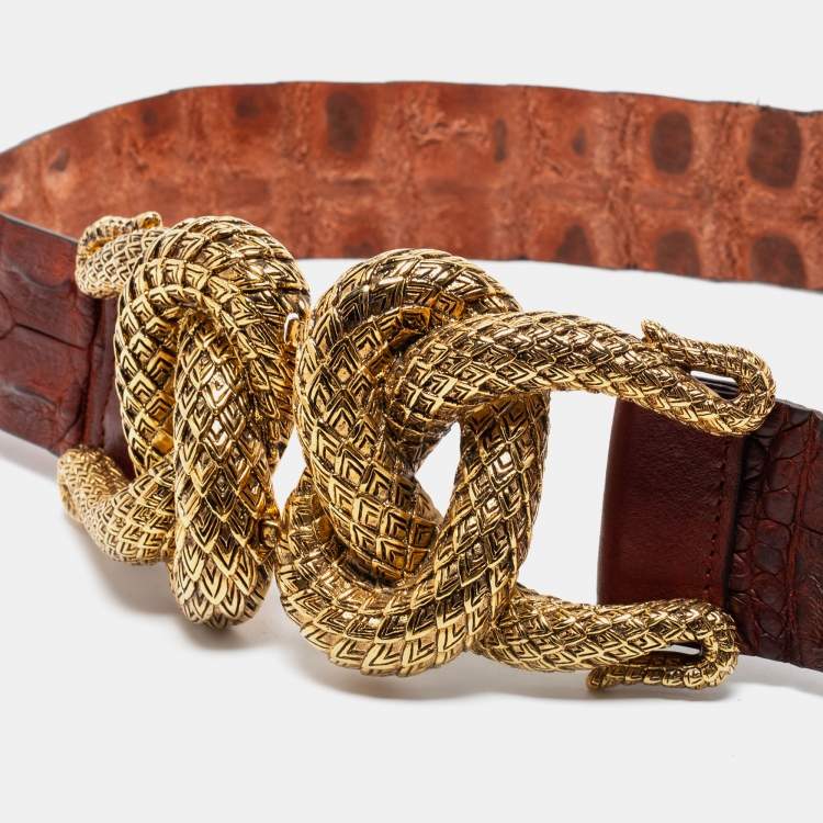 Pre Owned Roberto Cavalli Brown Alligator Leather Buckle Belt 90CM