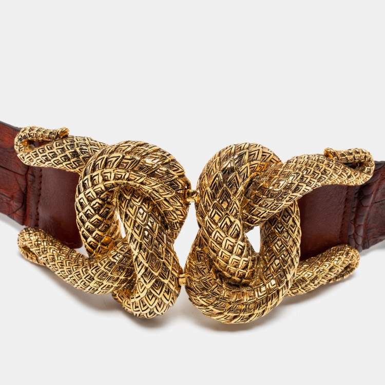 Pre Owned Roberto Cavalli Brown Alligator Leather Buckle Belt 90CM
