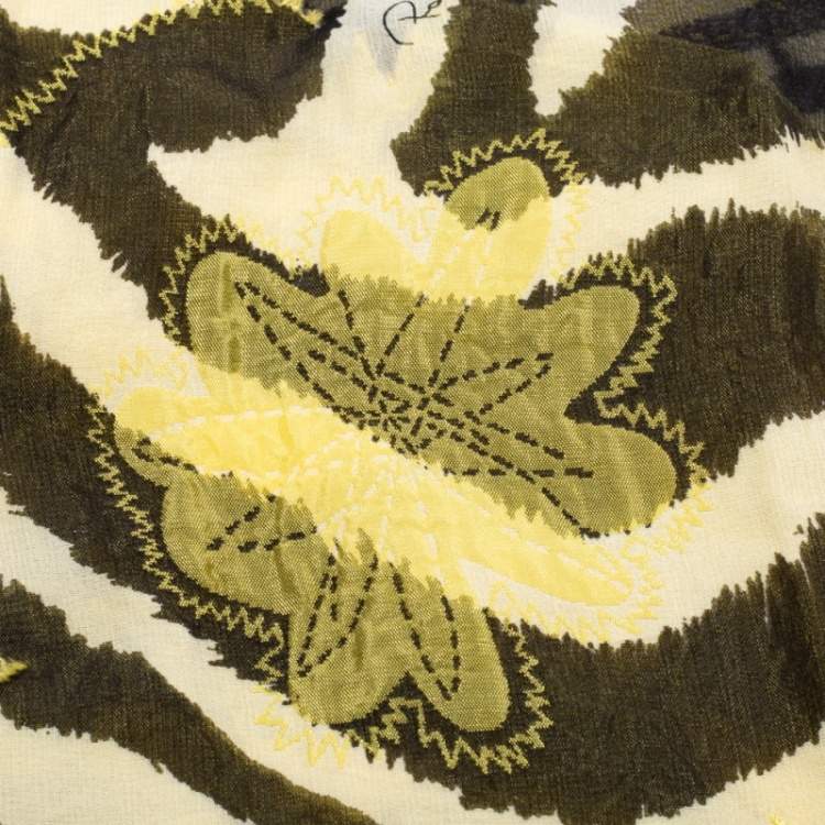 Pre Owned Roberto Cavalli Black & Yellow Floral Applique Silk Blend Scarf