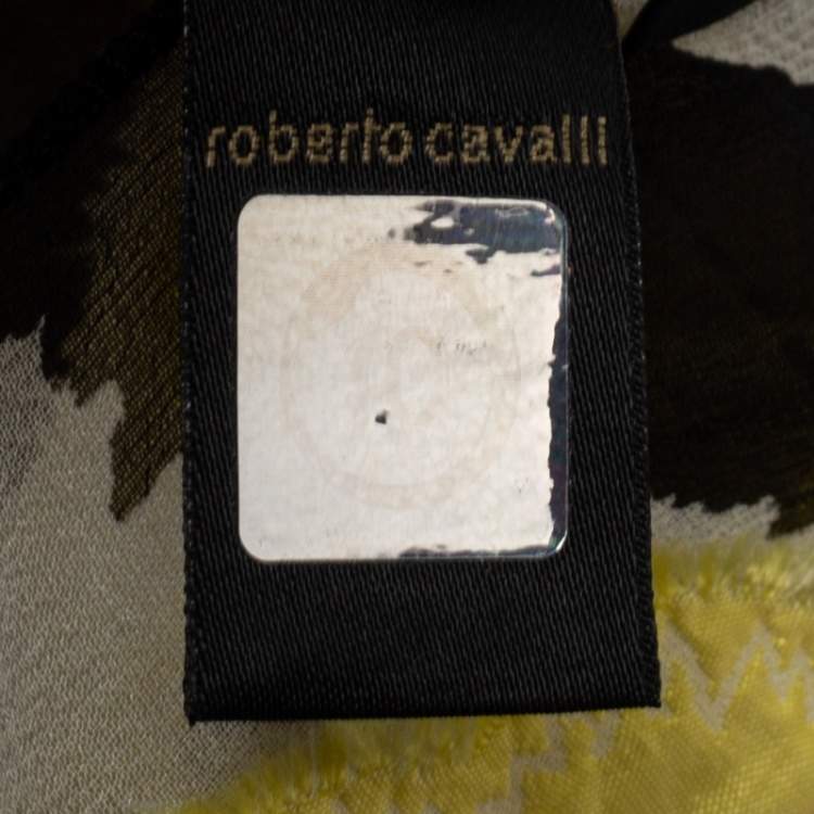 Pre Owned Roberto Cavalli Black & Yellow Floral Applique Silk Blend Scarf