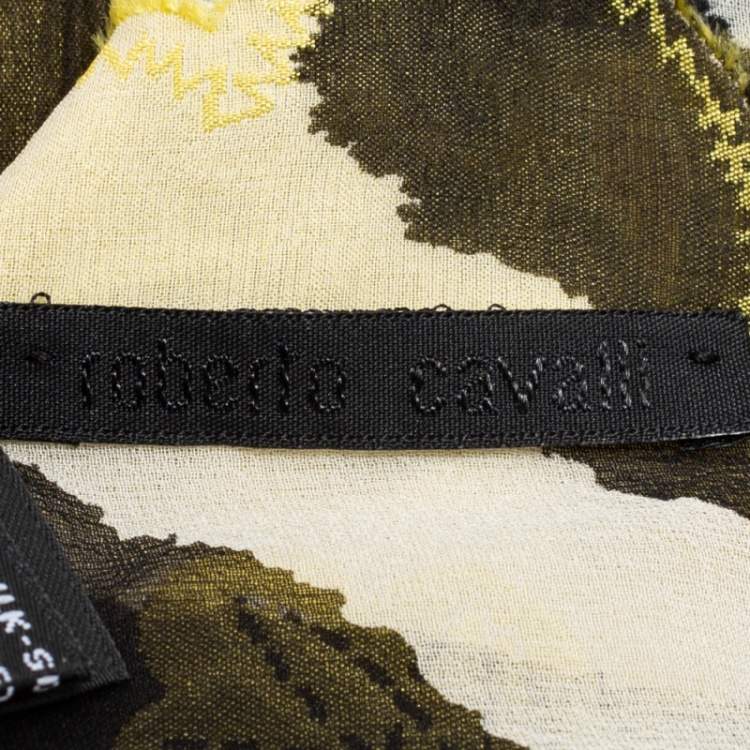 Pre Owned Roberto Cavalli Black & Yellow Floral Applique Silk Blend Scarf