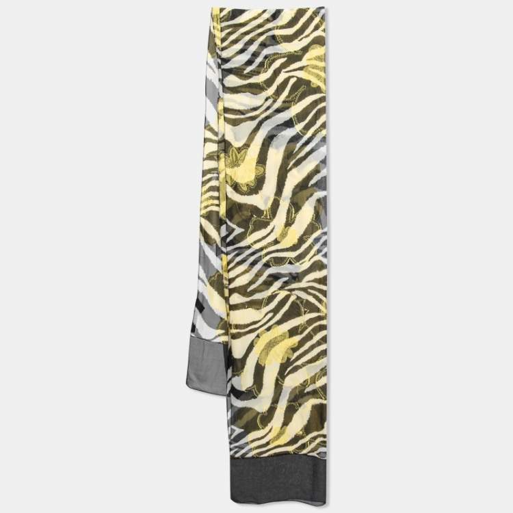 Pre Owned Roberto Cavalli Black & Yellow Floral Applique Silk Blend Scarf