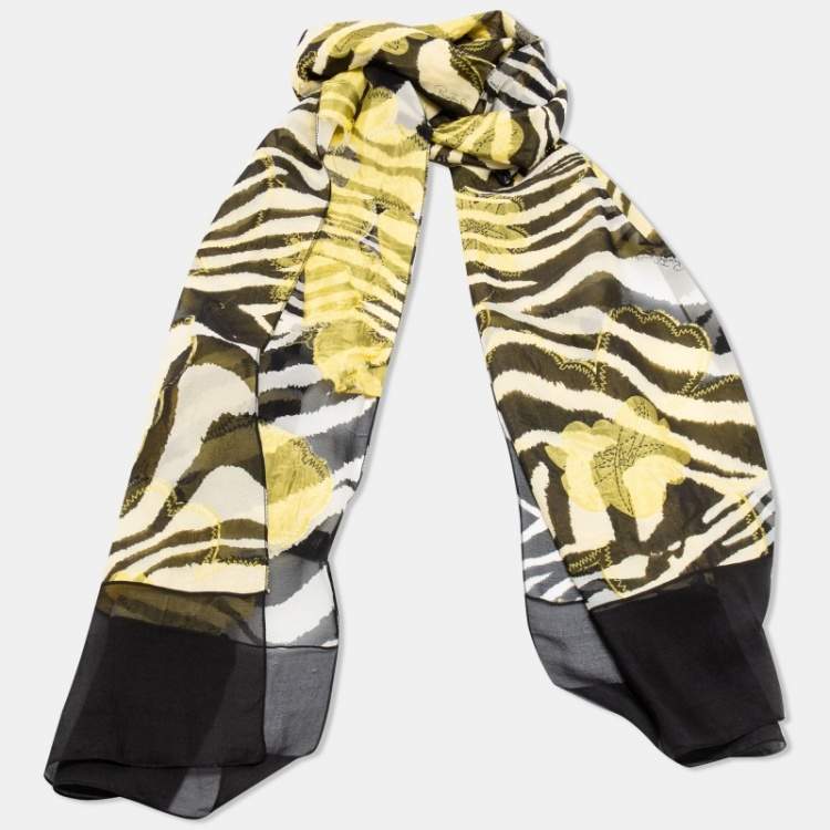 Pre Owned Roberto Cavalli Black & Yellow Floral Applique Silk Blend Scarf