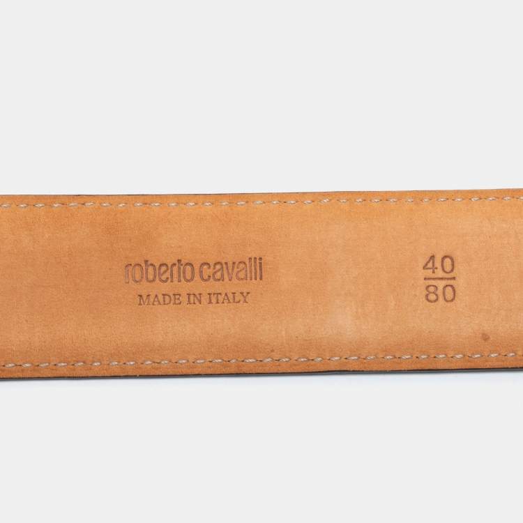 Pre Owned Roberto Cavalli Turquoise Croc Embossed Leather Logo Buckle Belt 80CM