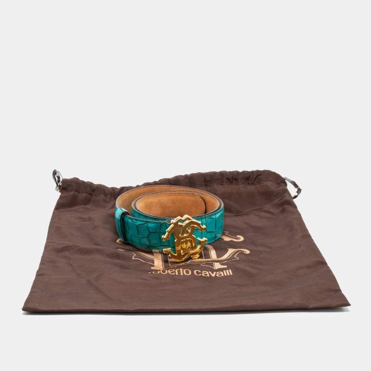 Pre Owned Roberto Cavalli Turquoise Croc Embossed Leather Logo Buckle Belt 80CM