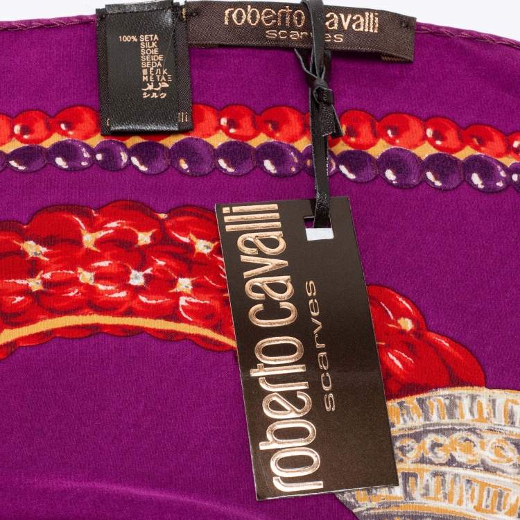 Pre Owned Roberto Cavalli Purple Bejeweled Animal Print Silk Scarf