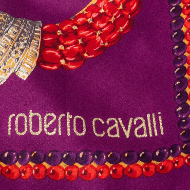 Pre Owned Roberto Cavalli Purple Bejeweled Animal Print Silk Scarf