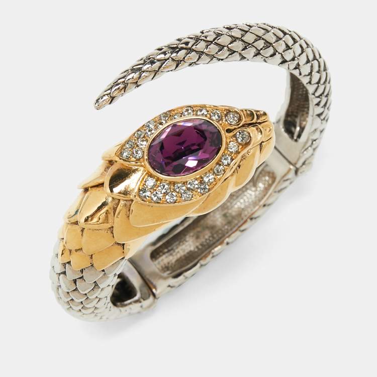 Pre Owned Roberto Cavalli Two Tone Embellished Serpenti Cuff Bracelet