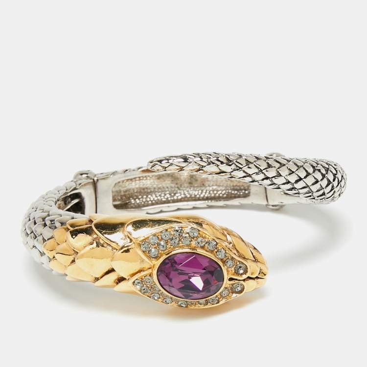Pre Owned Roberto Cavalli Two Tone Embellished Serpenti Cuff Bracelet